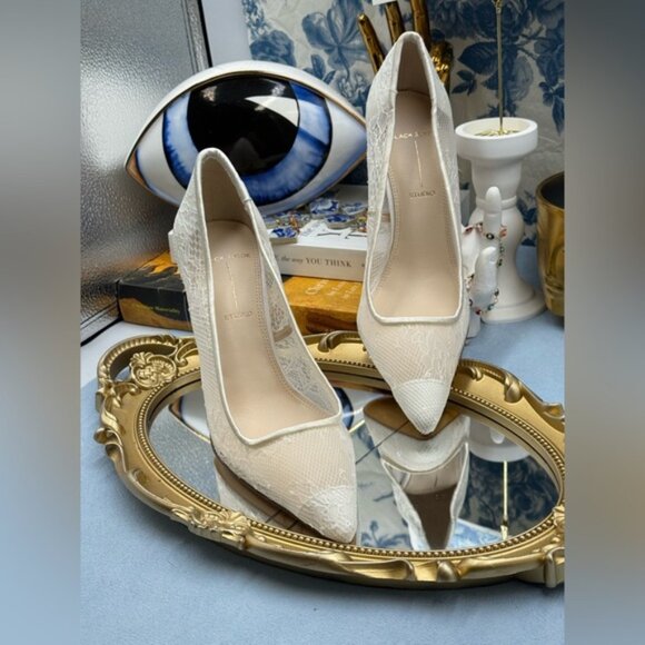 🆕 BLACK SUEDE STUDIO 🧿 NWOB Gia 100 Lace Pointed Toe Pumps, Sz 37 US 7 - Picture 8 of 16